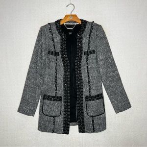 White House Black Market Black White Gray Ruffle Tweed Jacket Blazer Size 2